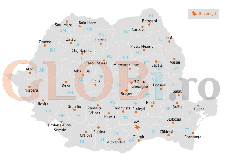Harta reședințelor de județ din România