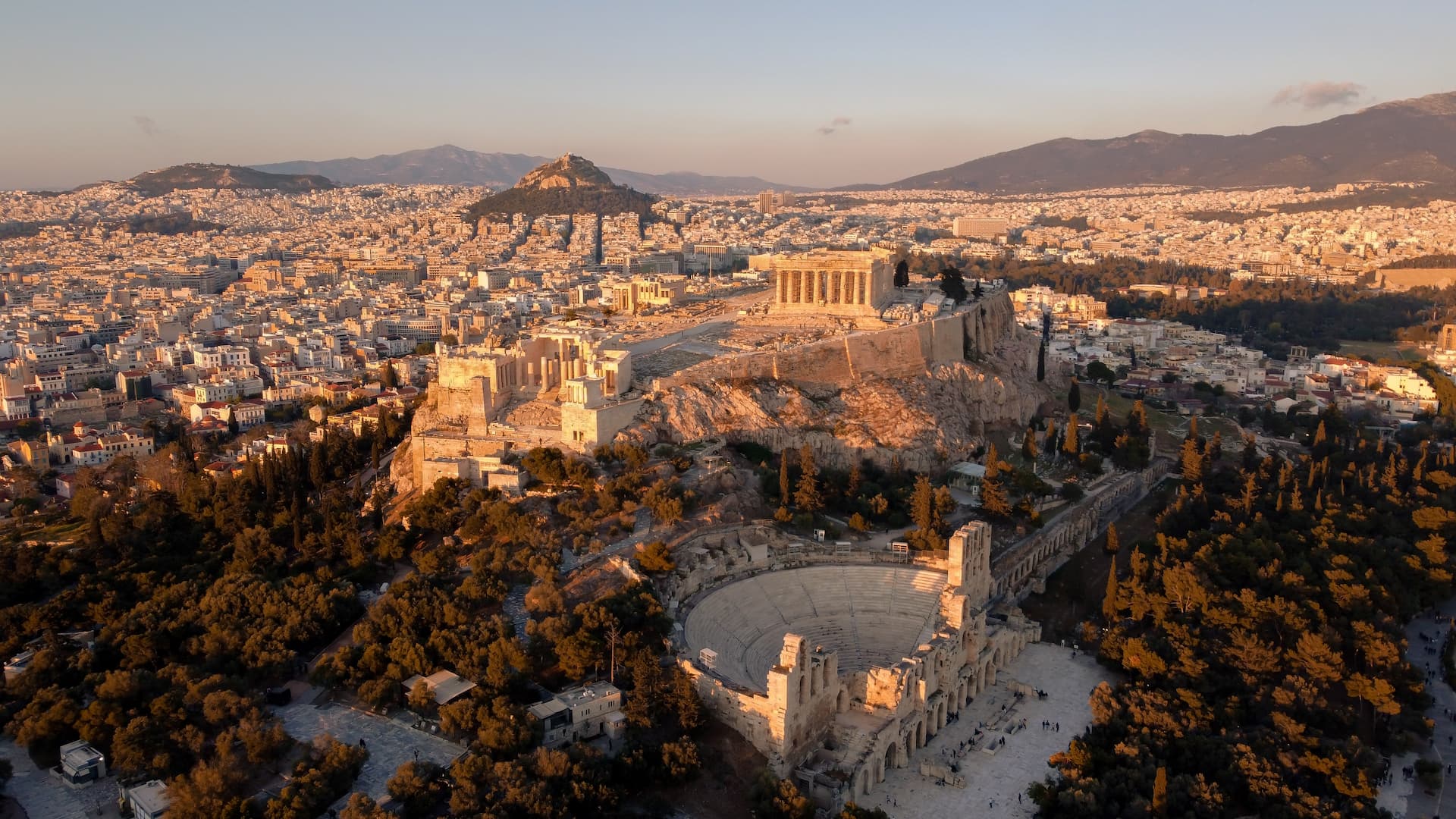 Panoramă Acropolis, Atena, cu Parthenonul pe fundal